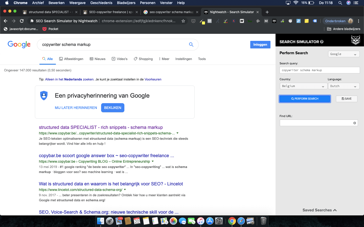 CopyBar.be scoort Google rank #1 op het zoekwoord copywriter schema markup in de nightwatch search simulator