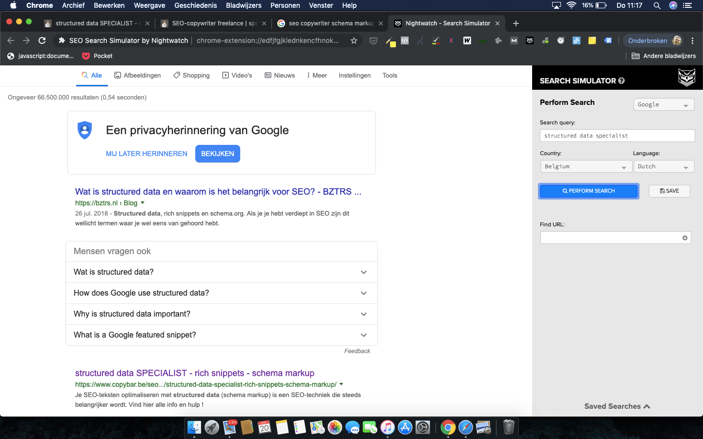 CopyBar.be Google rank #2 op zoekwoord structured data specialist in Nightwatch search simulator