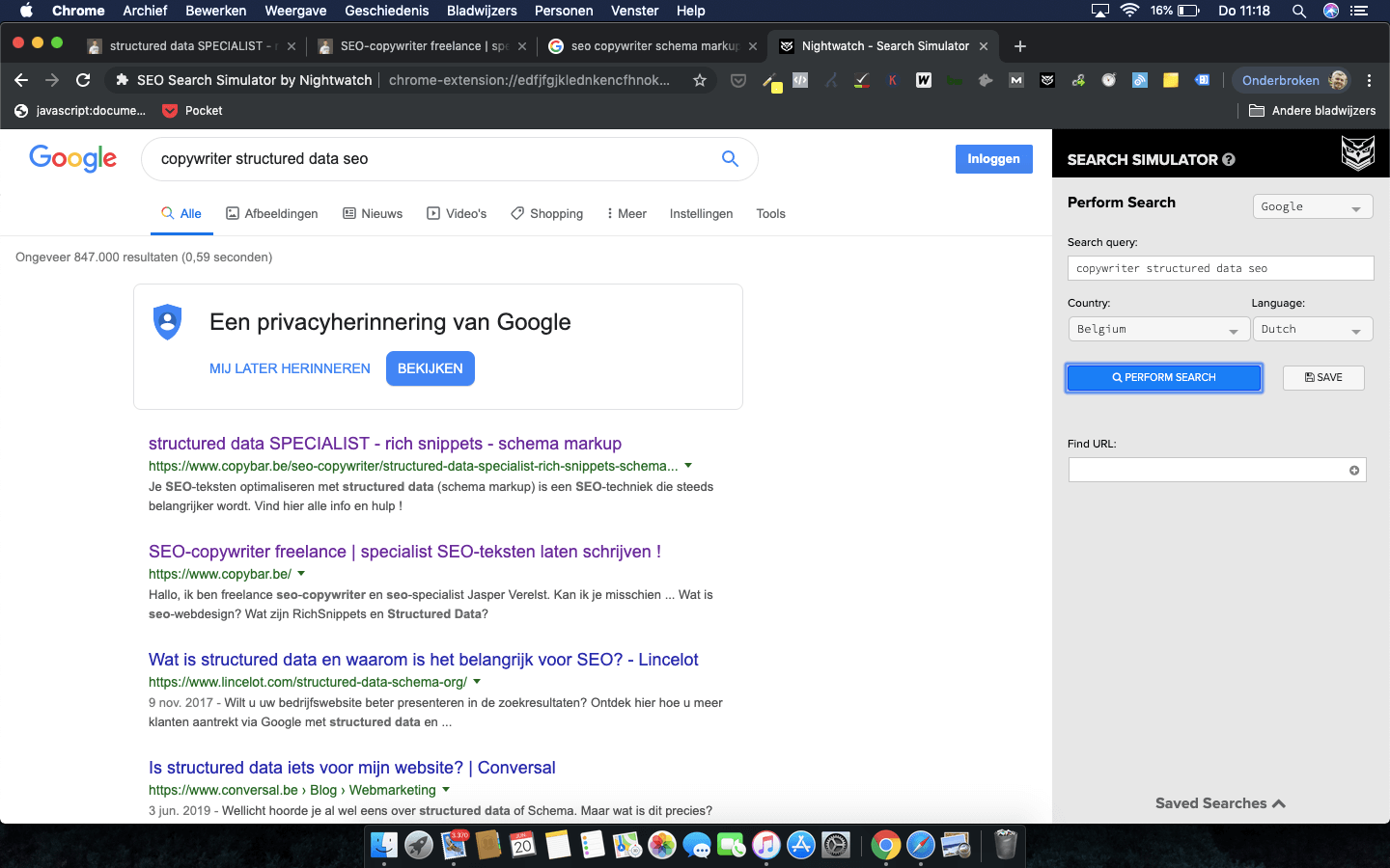CopyBar.be scoort Google rank #1 op het zoekwoord copywriter structured data seo in nightwatch search simulator
